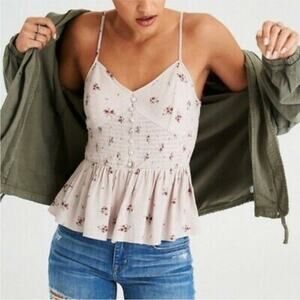 American Eagle Pink Fit and Flare Peplum Floral Smocked Girly Cropped U2